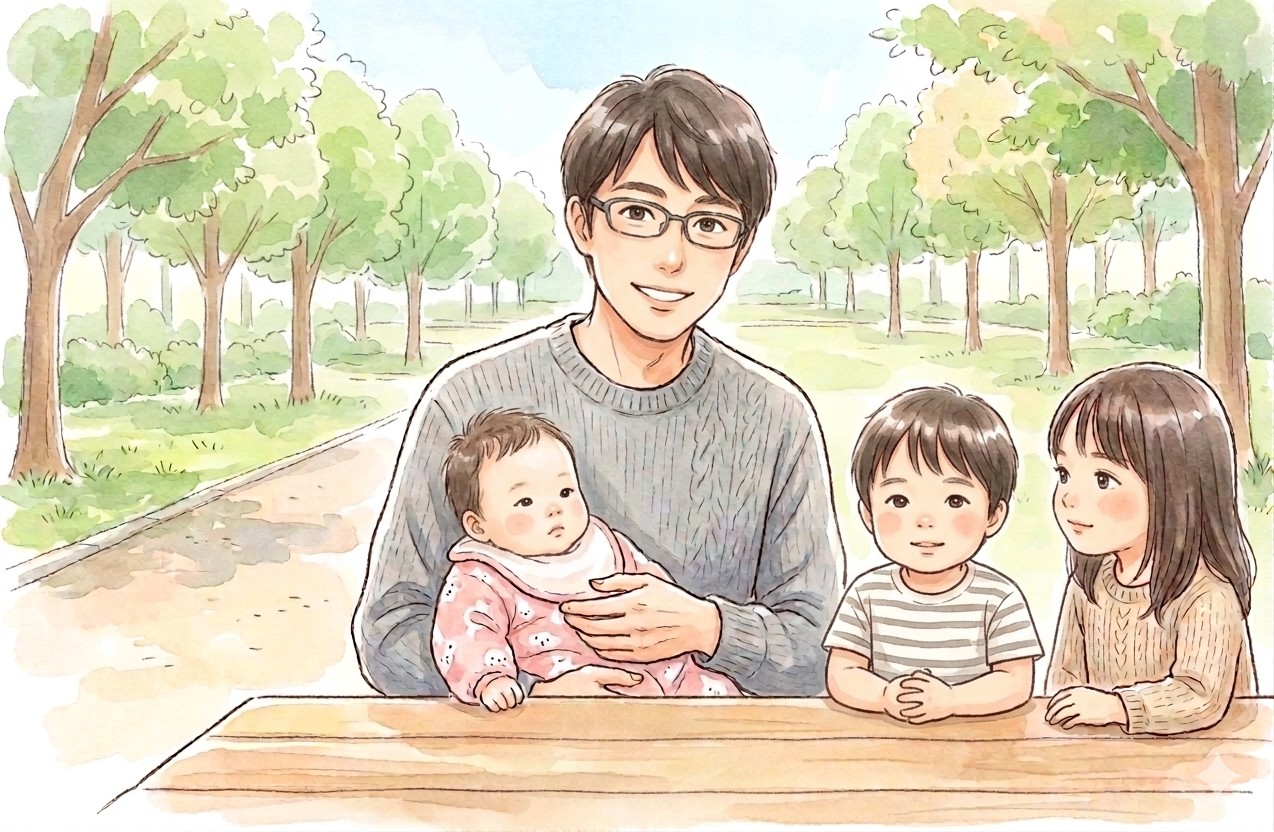 松本圭介と3人の子どもたち